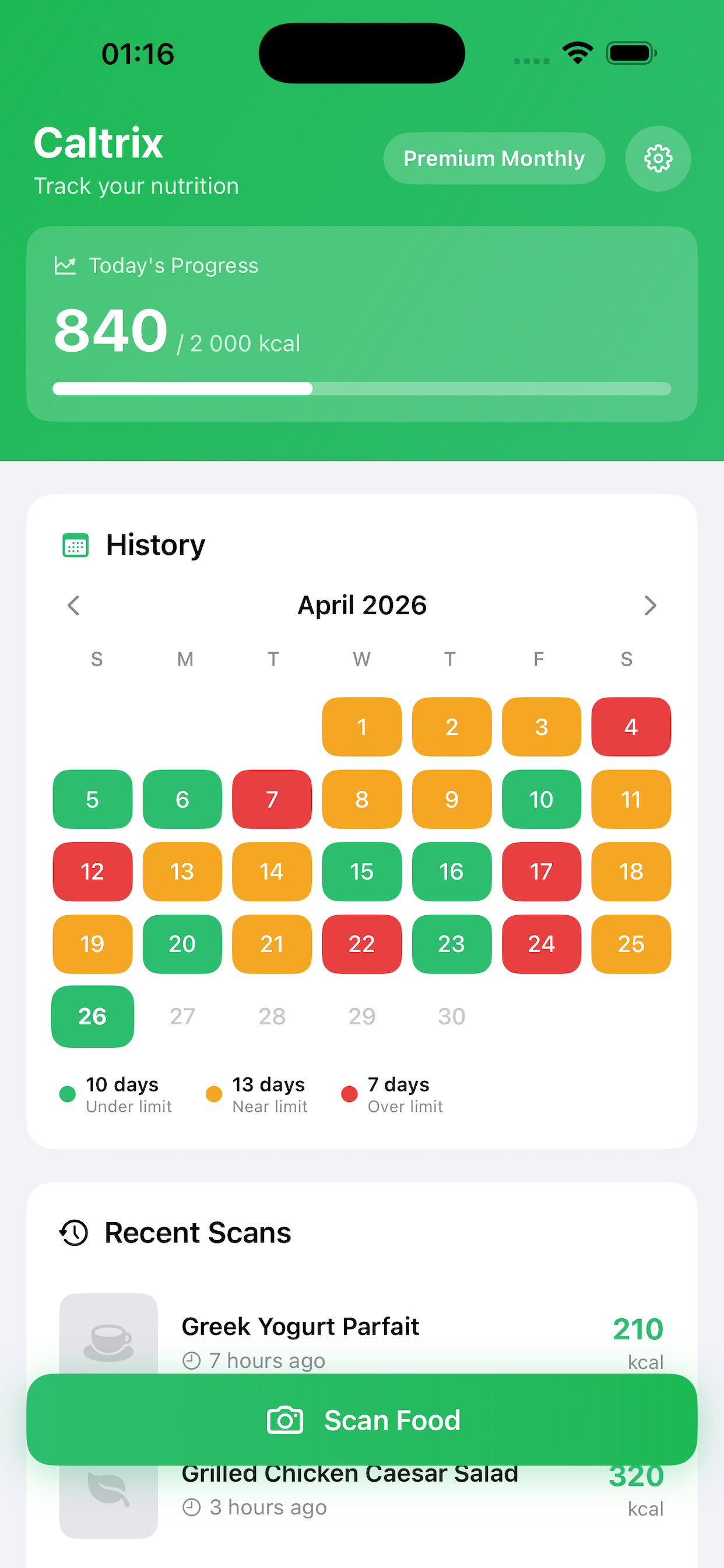 Caltrix app — main dashboard