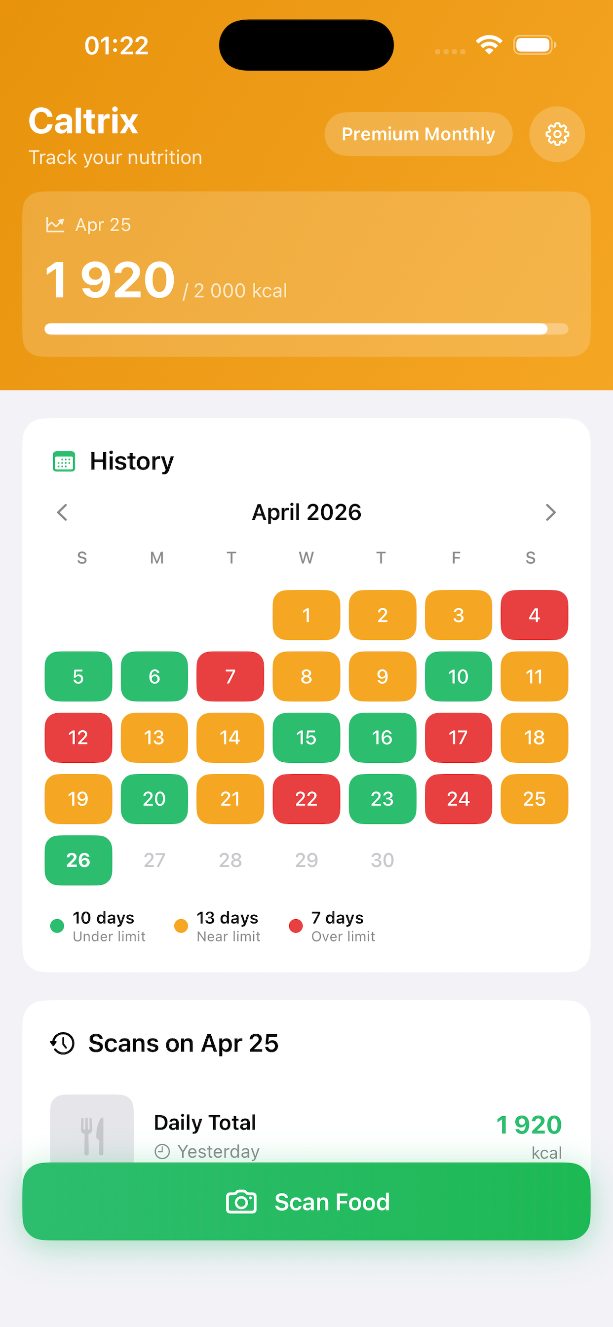 Caltrix app — food detail