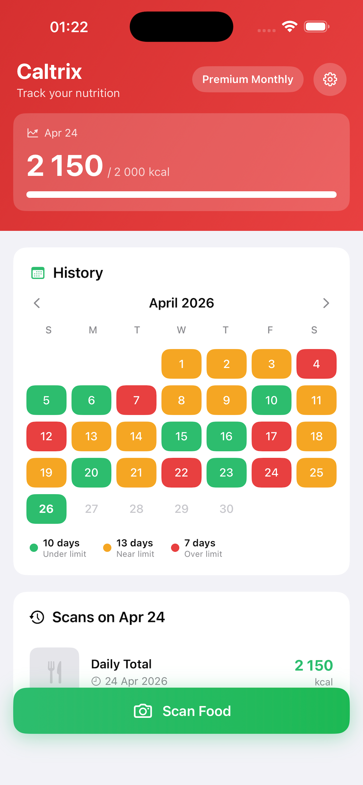 Caltrix app — calendar history