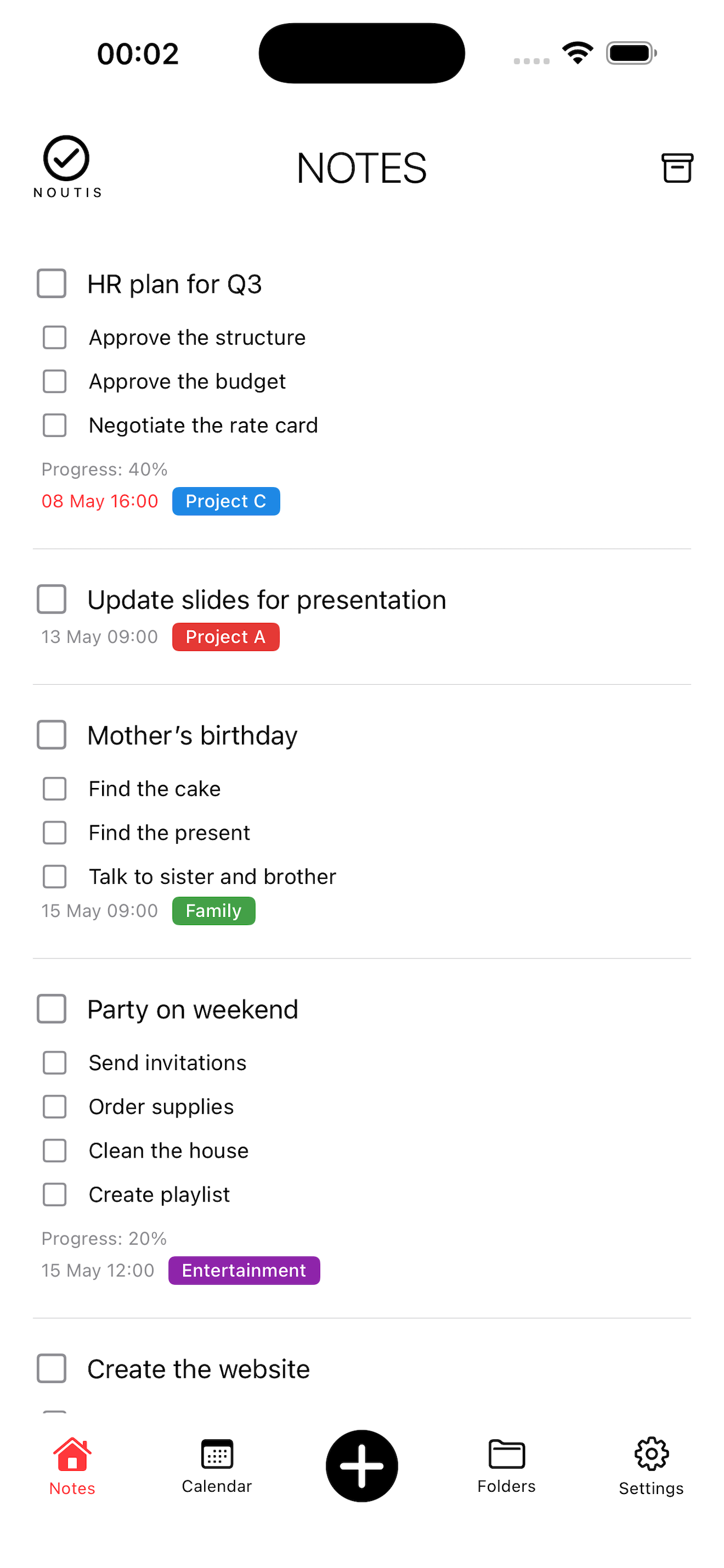 Noutis app — notes list