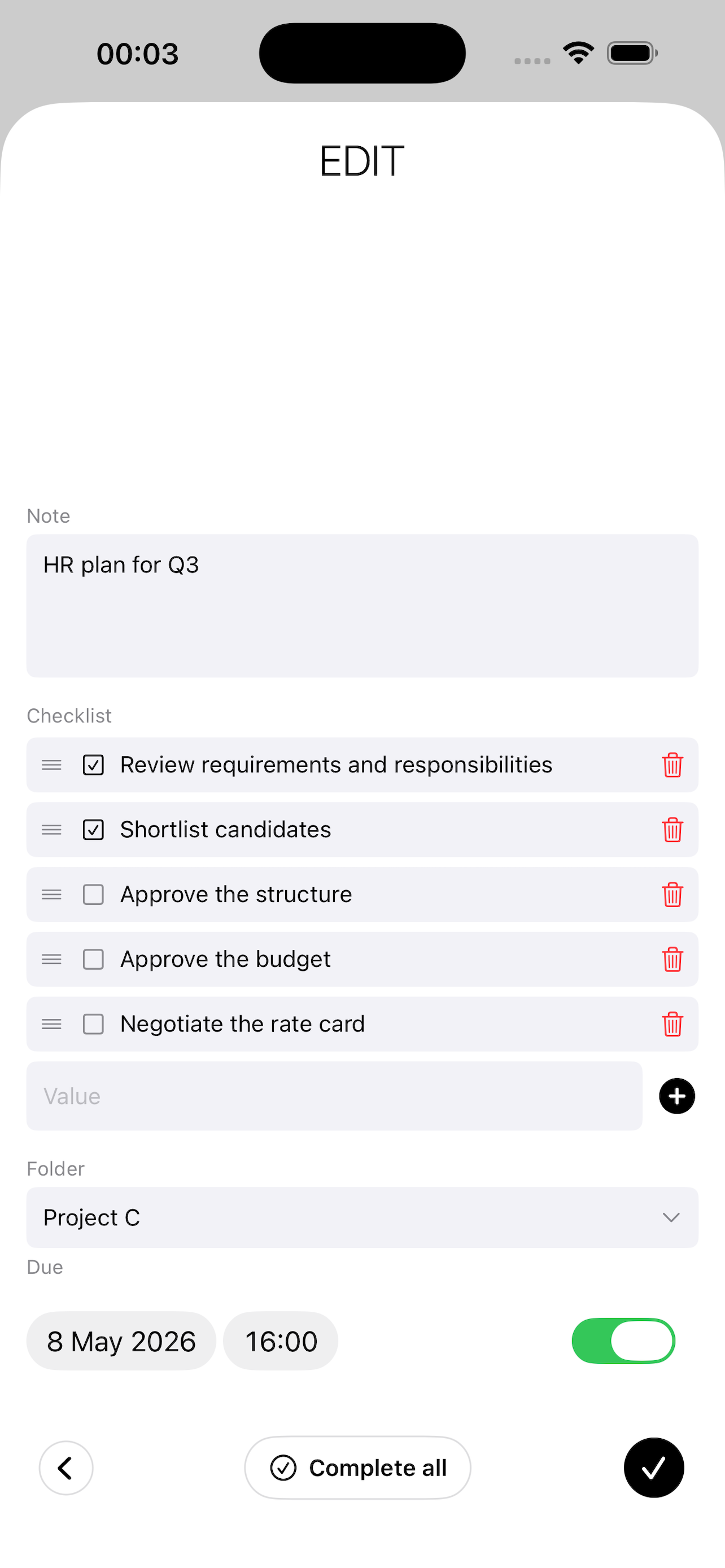 Noutis app — due dates and alerts