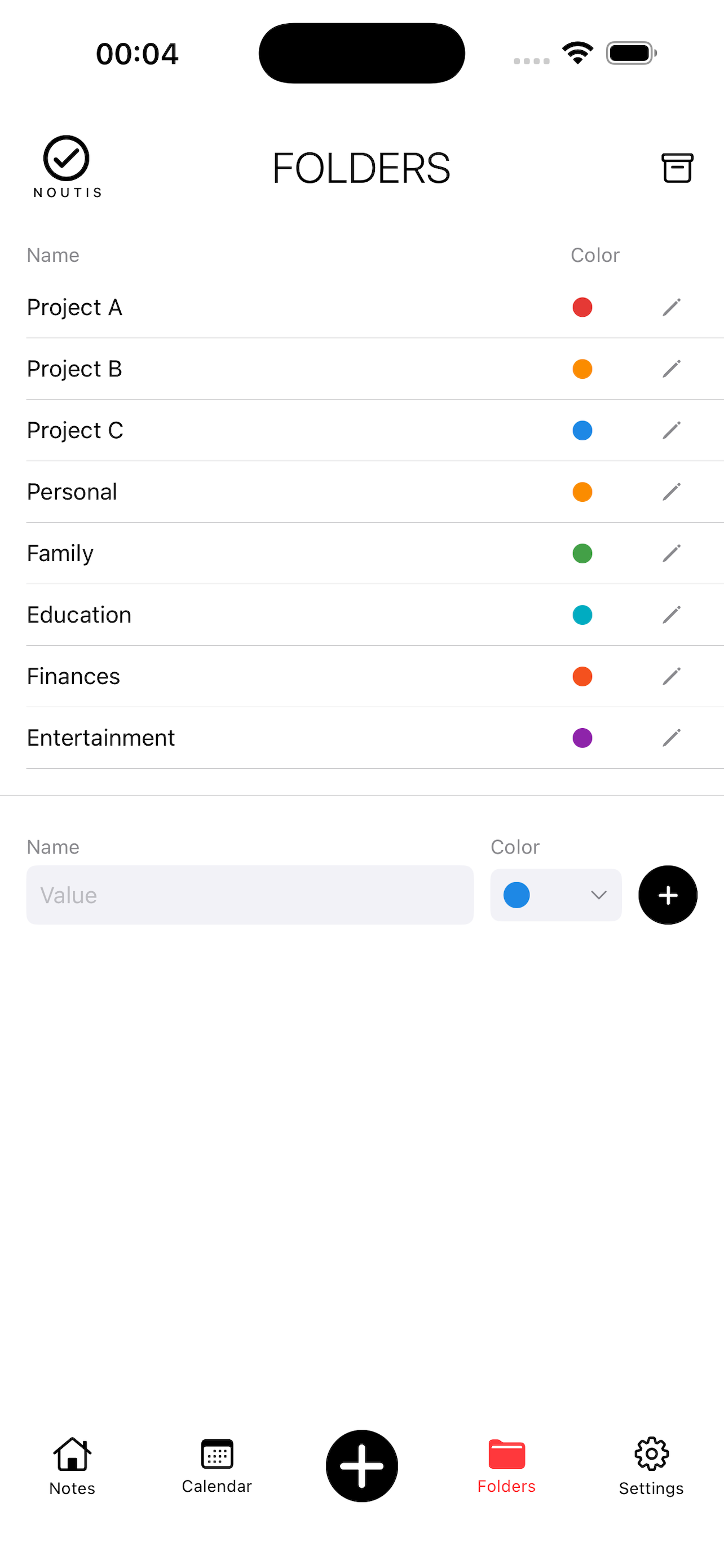 Noutis app — colour-coded folders