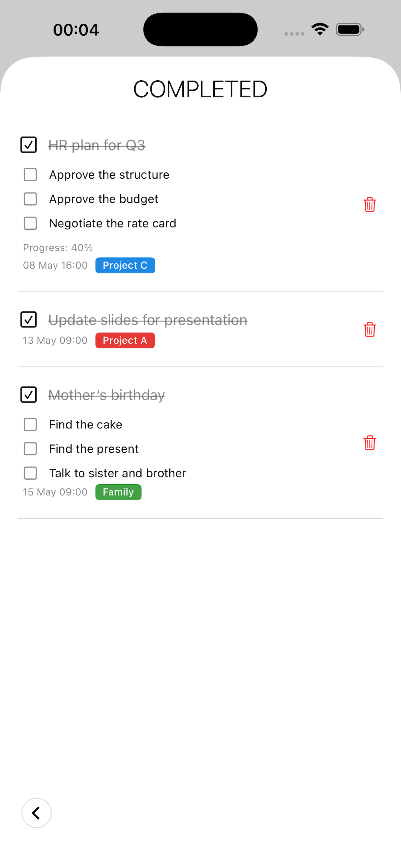 Noutis app — archive of completed notes